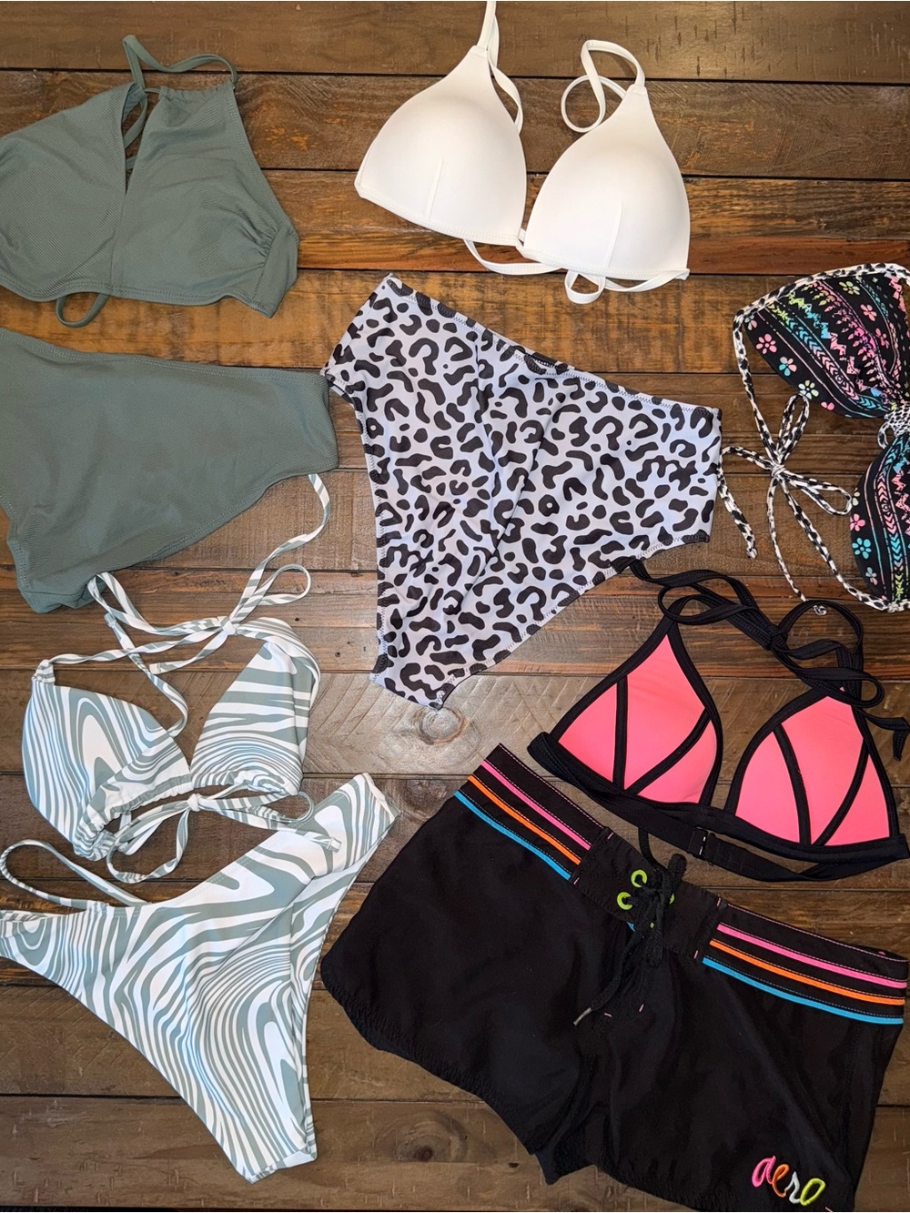 Aero Pink & Black Board Shorts with Colorful Bikini Tops And Matching Bottoms
